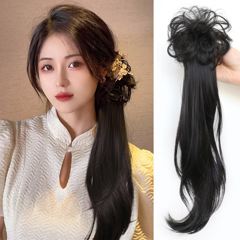 新中式假发马尾女 网红抓夹式假马尾民国长发低马尾w仿真发辫发型