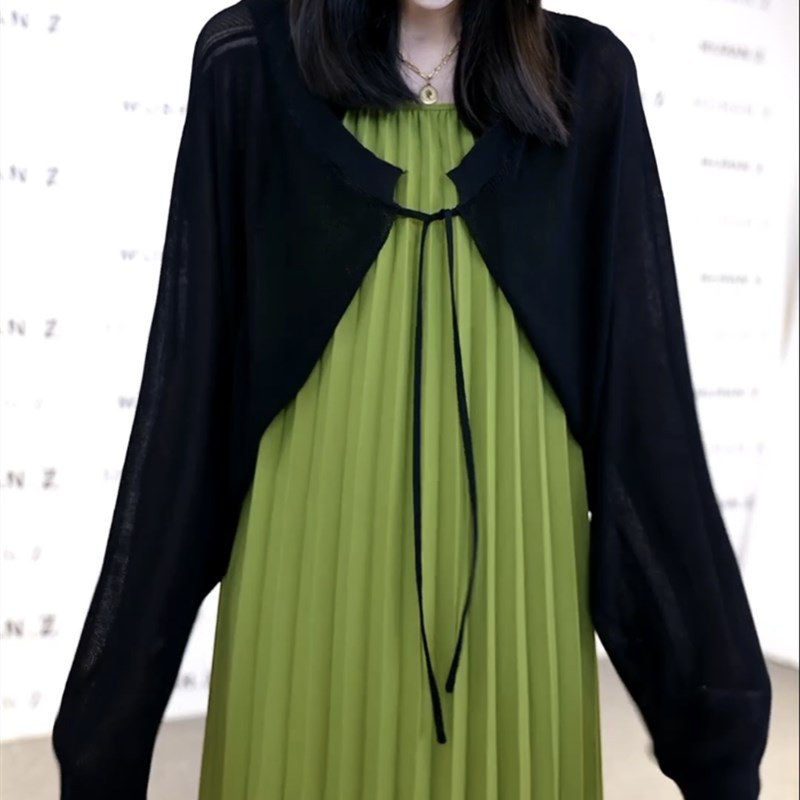 高级感黑色长袖披肩女夏季薄款百搭坎肩上衣外搭针织衫Z开衫小外