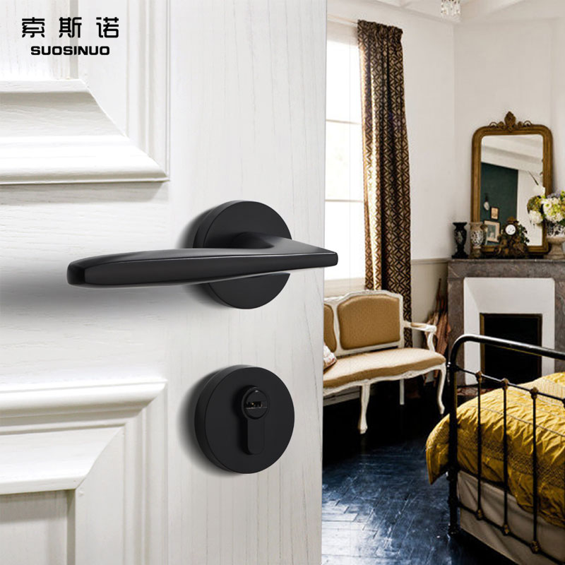 门锁室内卧室黑色房门锁北欧简约分体锁三件套家用现代实木门锁具