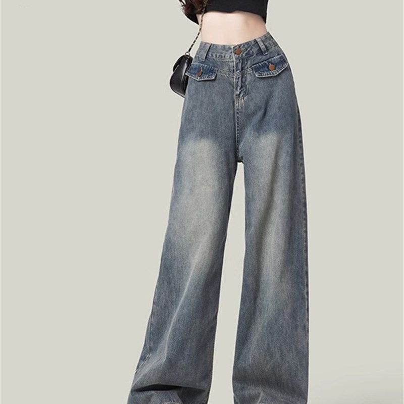 美式复古阔腿牛仔裤女秋冬2023年新款水洗高腰宽松垂感直筒拖地裤