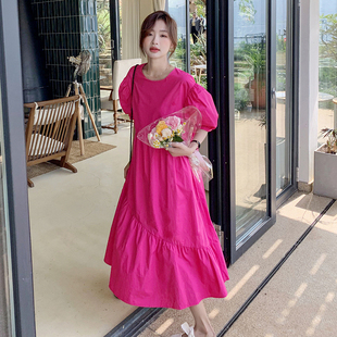 宽松遮肚显瘦a字长裙 孕妇装 玫红色连衣裙女i夏高级感2024新款 大码