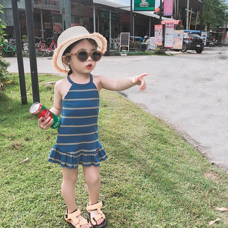 热销韩版夏装女宝宝洋气吊带裙子女童夏款条纹背心裙儿童装无袖连