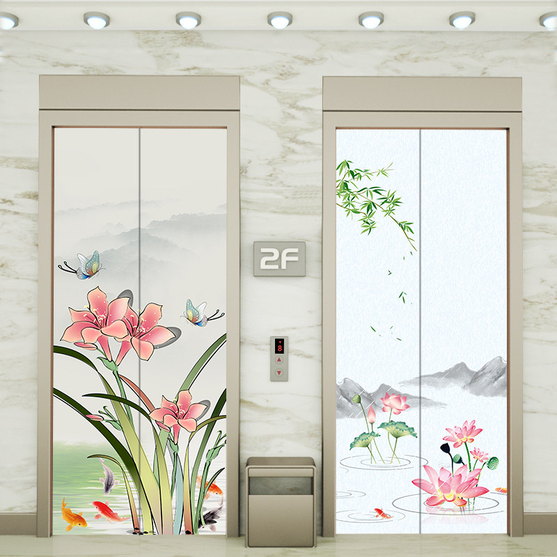 中式电梯门贴纸门贴装饰画贴画入户电梯门翻新防水贴纸定制玄关画