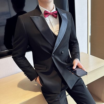 新郎西服套装男结婚礼服塔士多修身司仪主持西装男修身英伦高级感