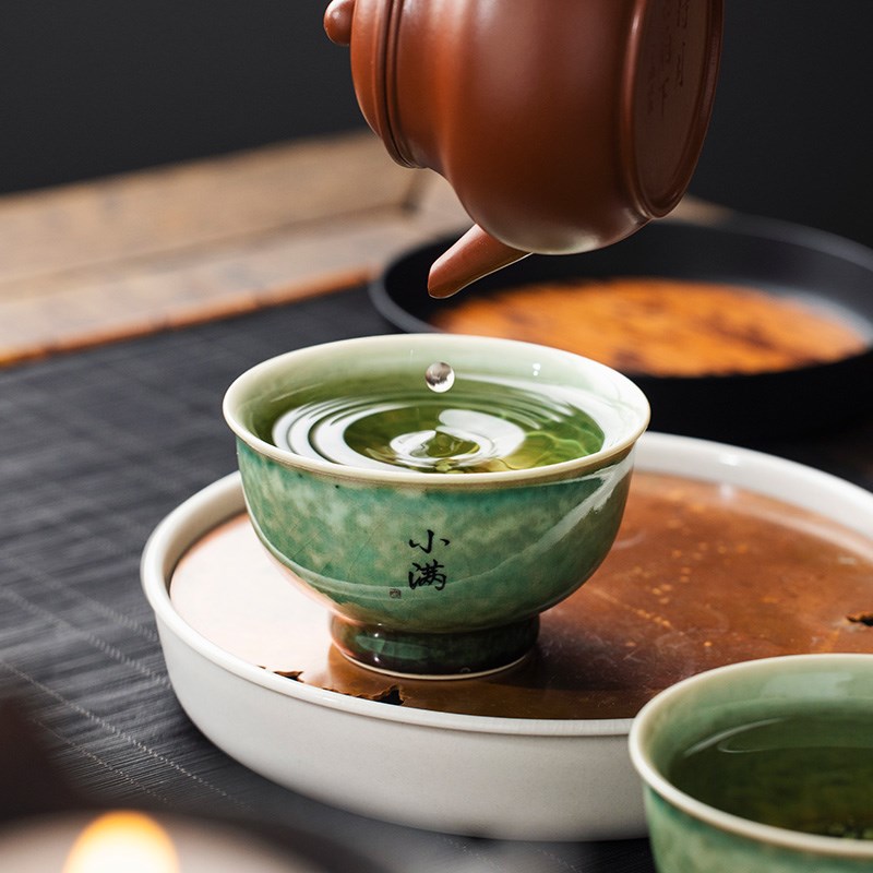 陶瓷窑变晶绿茶杯家用主人杯功夫茶具单杯手写个人定制茶杯