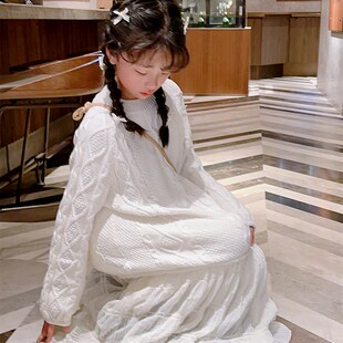 小梦韩国童装女童毛衣裙长款春秋泡泡袖长裙麻花针织纱裙仙女裙