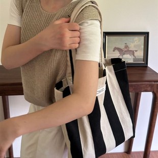 包包女单肩帆布包条纹方形大容量购物袋简约百搭韩版小清新布袋潮