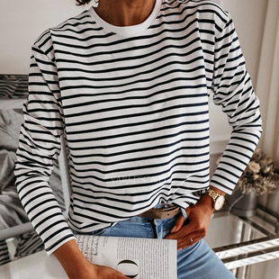 And Women Neck Long Tops Black Casual Stripes 推荐 White