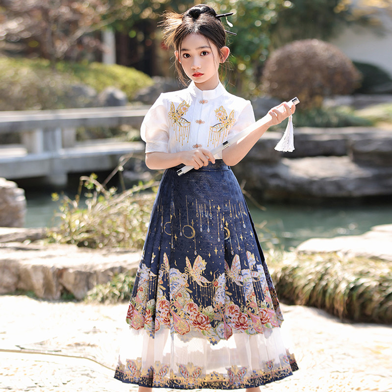 现货高端国风马面裙女童2s024新款夏装儿童汉服女大童套装夏季短