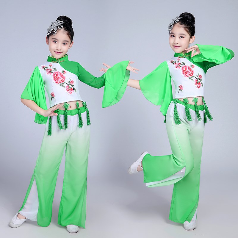 现货新款儿童古典舞m演出服女扇子舞服装幼儿秧歌舞蹈服江南伞舞