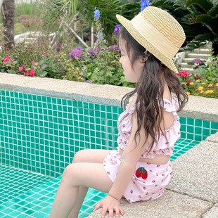 新款 儿童游泳衣宝宝分体可爱吊带草莓泳衣女童婴幼儿温泉度假泳装