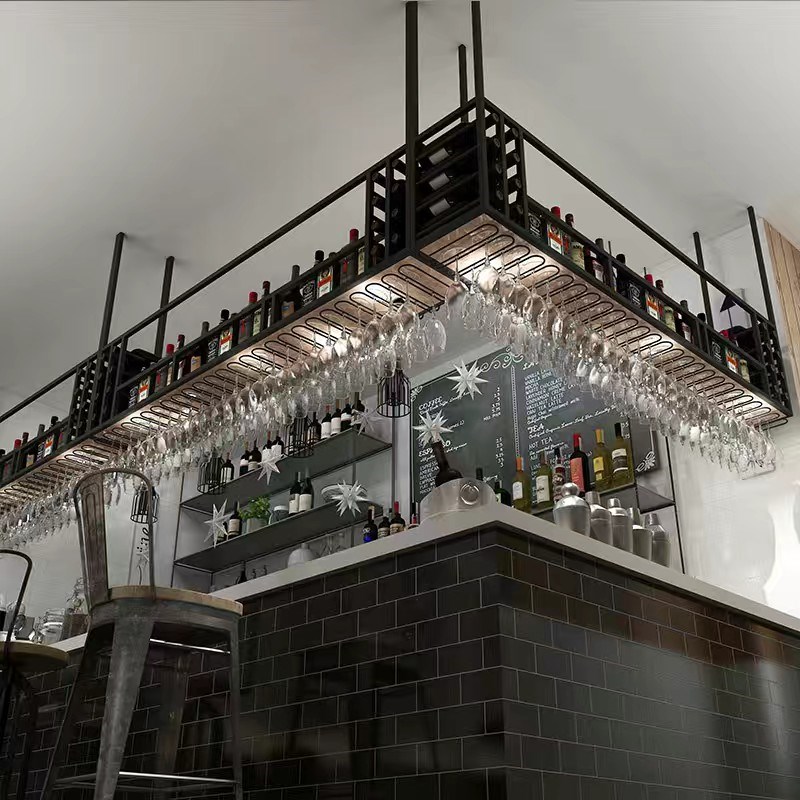 吧台酒柜悬挂铁艺吊架置物架家用酒吧餐厅工业风红W酒展示高脚杯