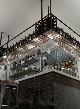 吧台酒柜悬挂铁艺吊架置物架家用酒吧餐厅工业风红W酒展示高脚杯