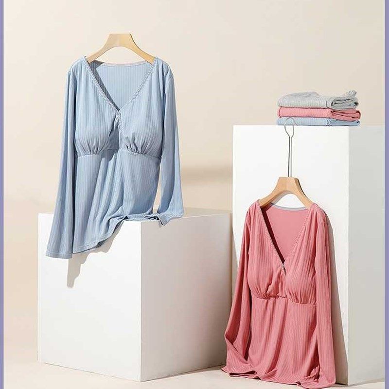 产后哺乳上衣外出月子服睡衣喂奶孕妇秋衣打底衫春秋冬季薄款夏季