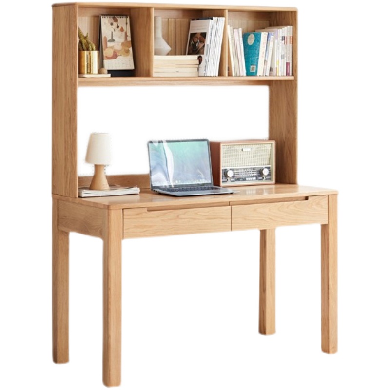 全实木书桌书架一体纯红橡木简约写字台用欧书公家北办房原木桌子