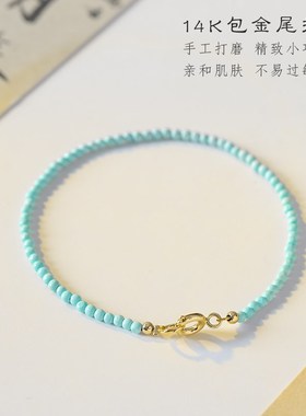 天然原石原矿绿松石手链女文玩手串圆珠夏小珠子生日礼物古风复古