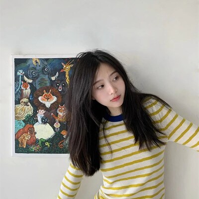 工厂销黄色条纹长袖t恤女2023A新款初秋季设计感小众修身内搭打底