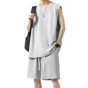 短裤 字母刺绣无袖 t恤男夏季 冰丝速干篮球运动服短袖 休闲背心套装