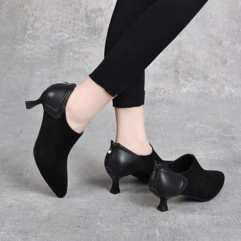 高跟鞋磨砂绒面翻毛皮单鞋皮鞋2024年春秋新款真皮尖头深口及裸靴