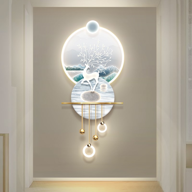 麋鹿玄关装饰画过道走廊轻奢现代带led灯高档立体壁饰寓意好挂画图片