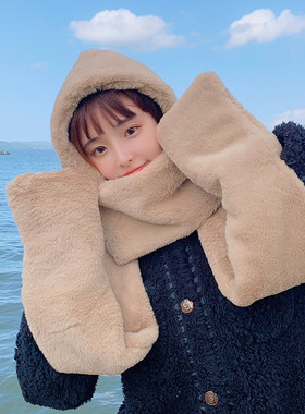 新款冬季女帽子围巾手套三件一套细绒可爱保暖连帽围巾加厚无耳朵