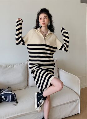 哺乳衣外出辣g妈款秋装时尚产后条纹显瘦哺乳衣服冬装小个子洋装