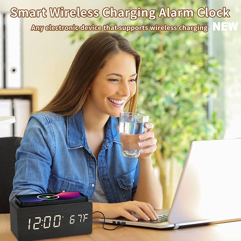 Wireless charging Dngital alare clock Woodmi LED alarmZ cloc