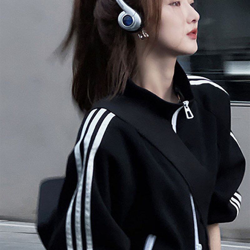 美式复古黑色立领夹克外套女2023夏季新款宽松休T闲短款条纹运动