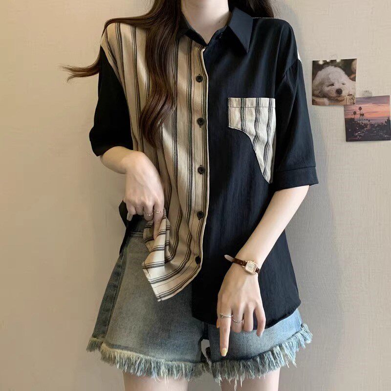 韩版设计感条纹拼接短袖衬衫女夏季新款大码胖mm显瘦遮肚休闲上衣