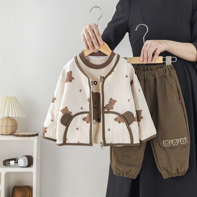 男童春秋季棒球服套装2025新款儿童洋气宝宝春装卡通长袖三件套潮