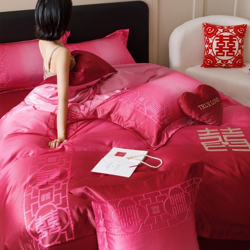 中式高级感婚庆四件套渐变红色结婚纯棉被套床单新婚喜被床上用品,床上用品,婚庆床品套件,淘宝优惠券,粉丝福利购,淘宝优惠卷