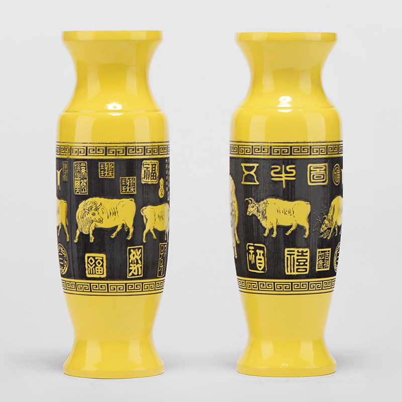 刺史金丝楠木五牛图花瓶摆件一对实木客厅插花中式雕花工艺品装饰