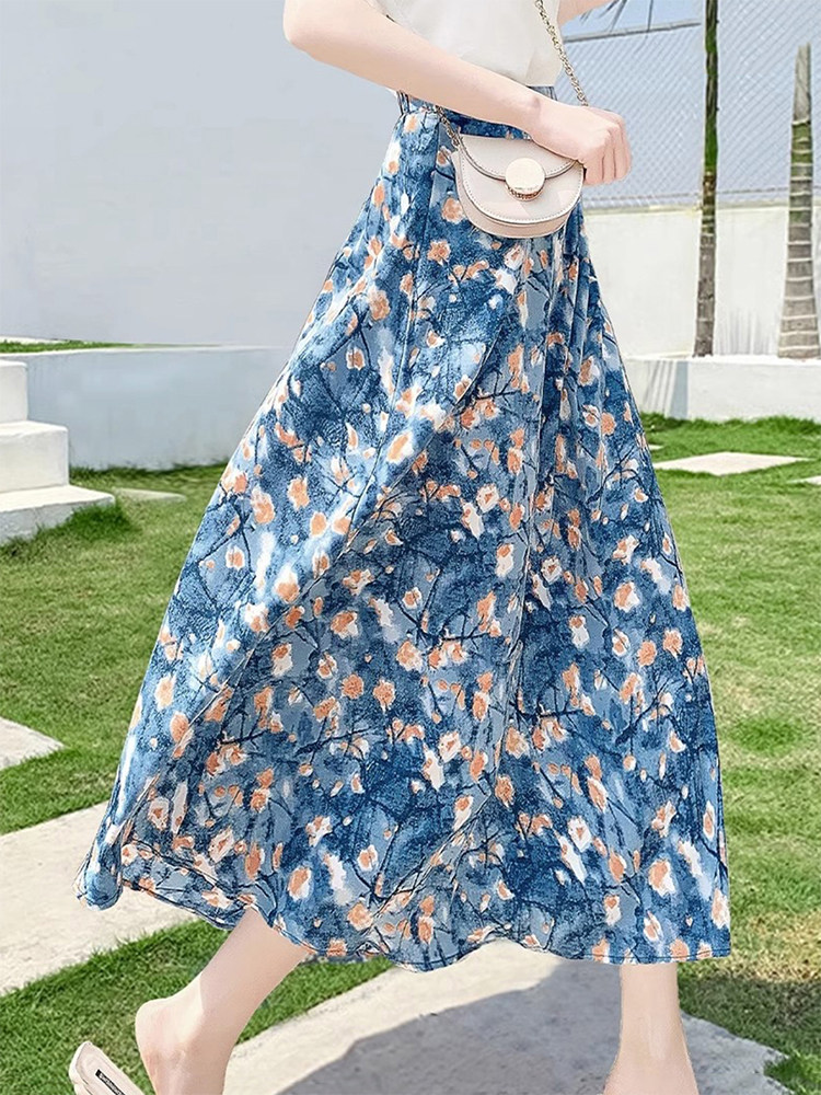 油画风碎花半身裙女夏季2023新款复古设计感小众高腰A字雪纺裙子