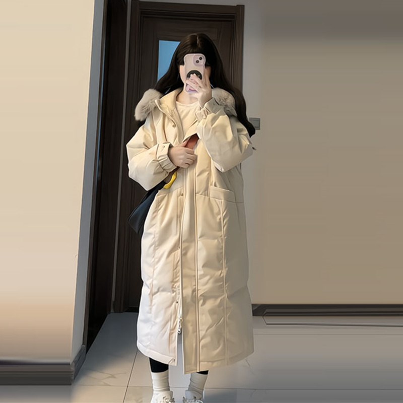 韩系冬装大毛领连帽羽绒棉袄女长款2024年新款宽S松百搭棉衣棉服
