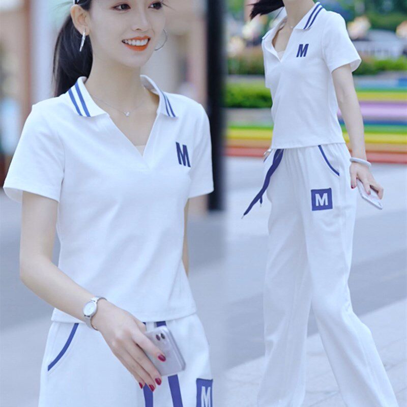 欧洲站休闲运动套装女2023年新款夏季薄款时尚炸街短袖长裤两件套