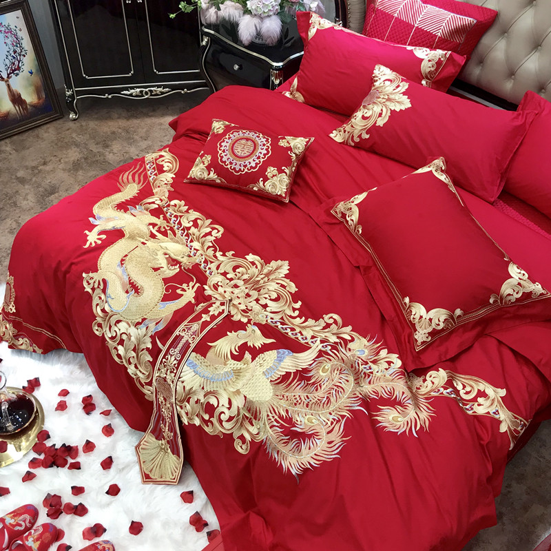中式大红色婚庆全棉四件套重工刺绣龙凤结婚床上用品十件套,床上用品,婚庆床品套件,淘宝优惠券,粉丝福利购,淘宝优惠卷