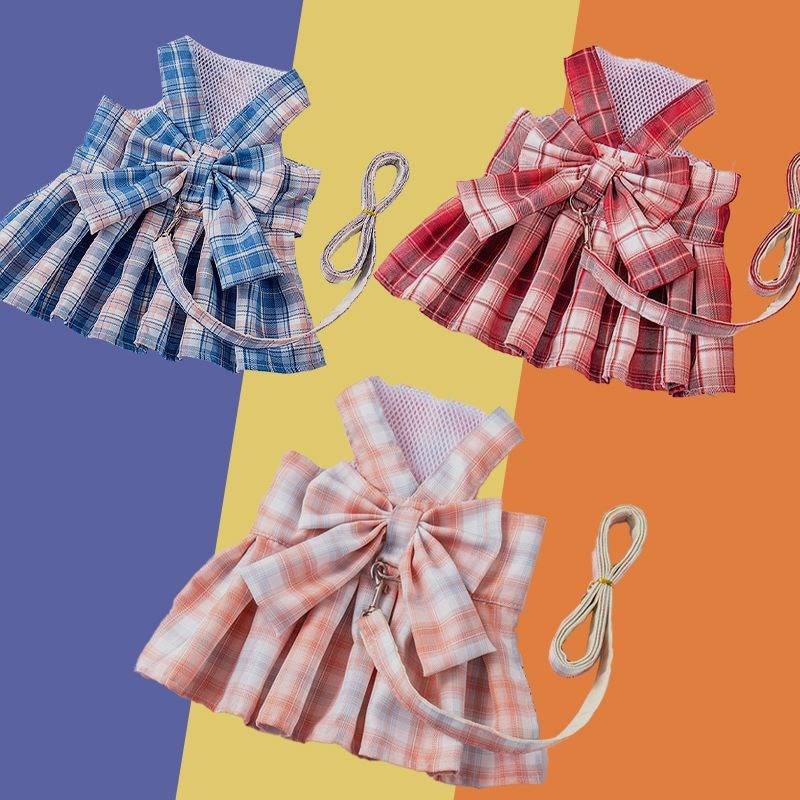 狗狗牵引绳jk格子风裙子蝴蝶结胸背外出遛狗绳博美小型犬宠物用品