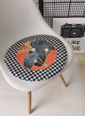 RI0T美式轻奢风铁艺餐椅垫圆形坐垫F千鸟格橙色圆凳子垫汽车座垫