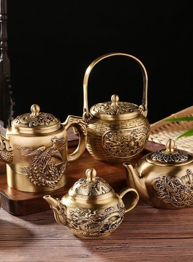 黄铜龙凤小茶壶客厅茶几喝茶铜创意鸳鸯小茶壶小铜器义乌小商品
