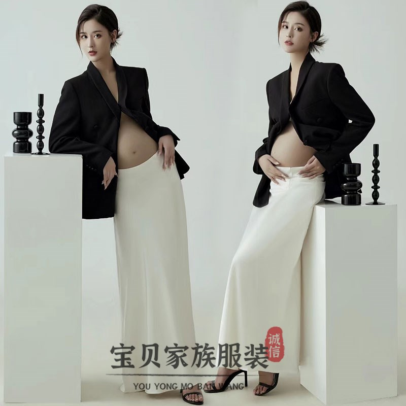 影楼孕妇拍照服法式高级感缎面白色长款半身裙女黑色西装外套服装