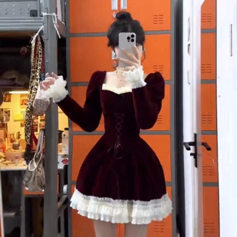 气质时尚红色长袖连衣裙女春秋2025新款小个子生日礼服a字裙子