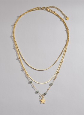法式14K金跨境多层叠戴不锈钢项链五角星串珠R个性时尚吊坠锁骨链