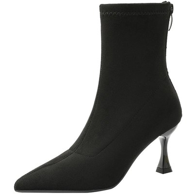 网红新款黑色时装单靴尖头细跟高跟短靴女2024秋冬加绒弹力瘦瘦靴