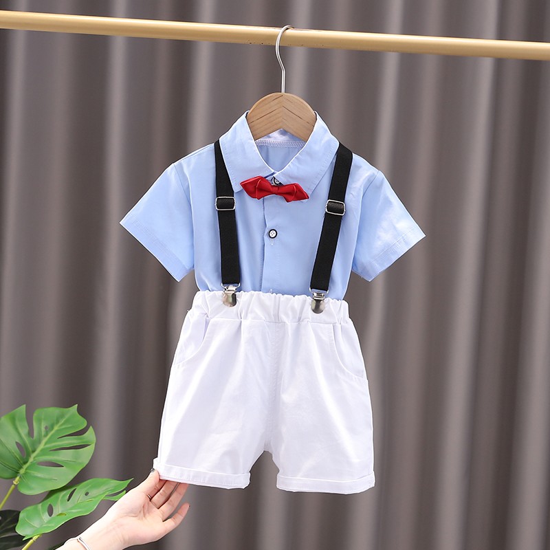 速发百天婴儿衣服套装男孩夏天短袖背带裤夏季一周岁宝宝礼服夏装