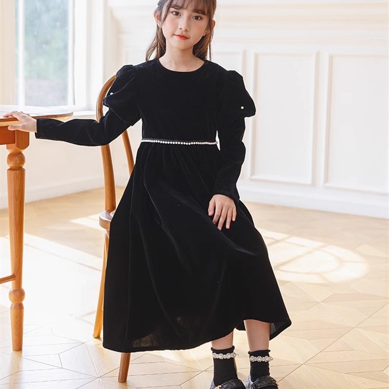 女童黑色晚礼服轻奢小众高端儿童生日公主裙主持人钢琴演奏秋冬季