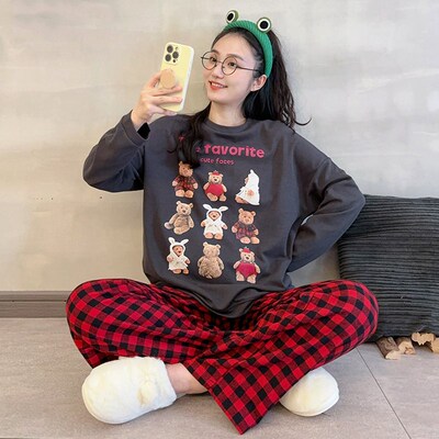 韩版卡通长袖睡衣女秋冬加厚休闲宽松可外穿圆领网红家居服