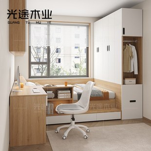 小户型衣柜床现代简约卧室高箱床带吊柜J榻榻米书桌一体气压收纳