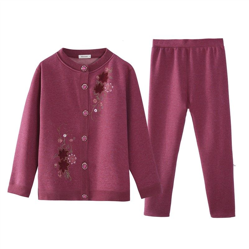 中老年保暖内衣女妈妈开衫套装加绒加厚宽松大码开襟老人秋衣秋裤