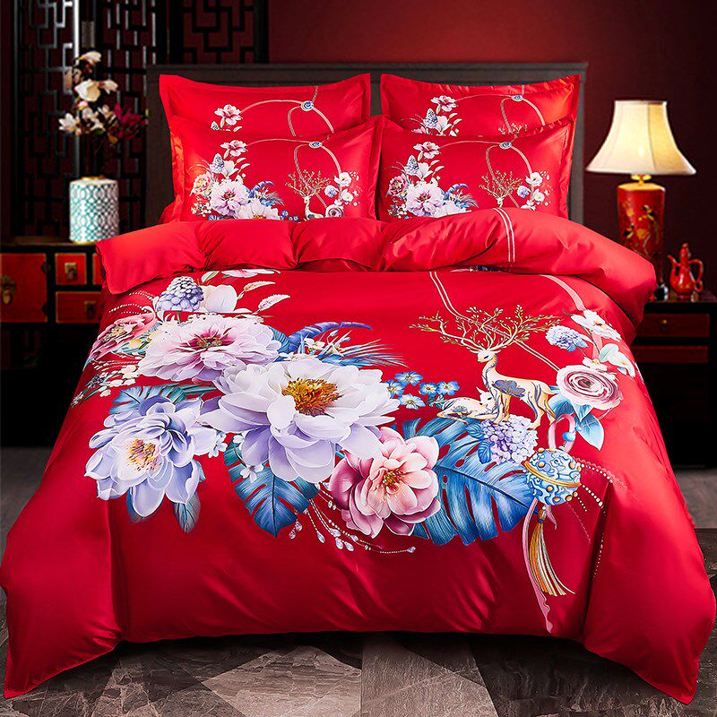 奢华婚庆大红四件套欧式全棉大红色床单被套结婚床上用品,床上用品,婚庆床品套件,淘宝优惠券,粉丝福利购,淘宝优惠卷