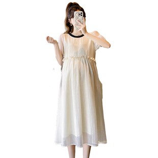 夏装 款 新款 雪纺连衣裙时尚 洋气减龄怀孕期显.瘦夏天长 韩版 孕妇装